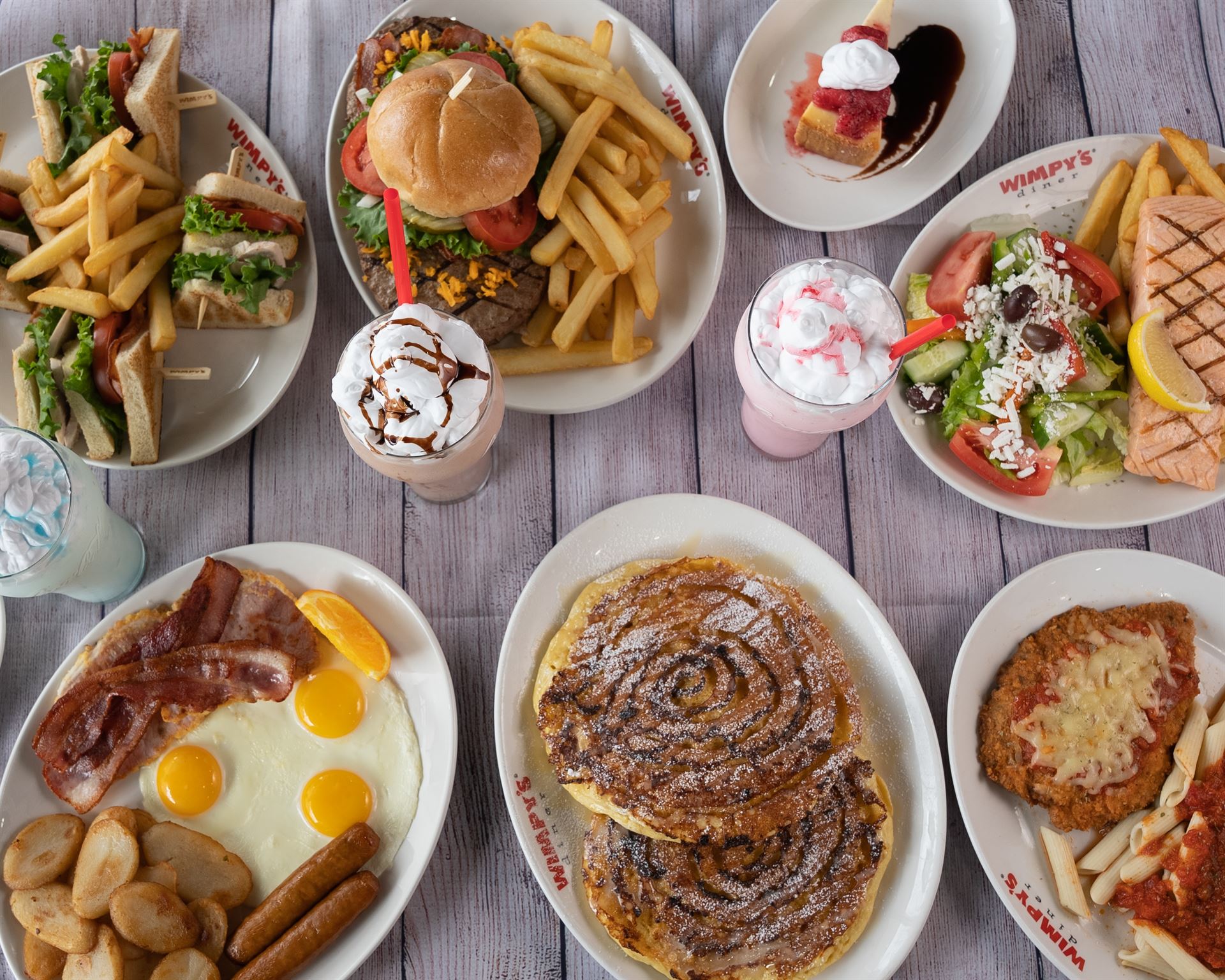 A classic breakfast plate at Wimpy's Diner — eggs, bacon, hashbrowns, and toast
